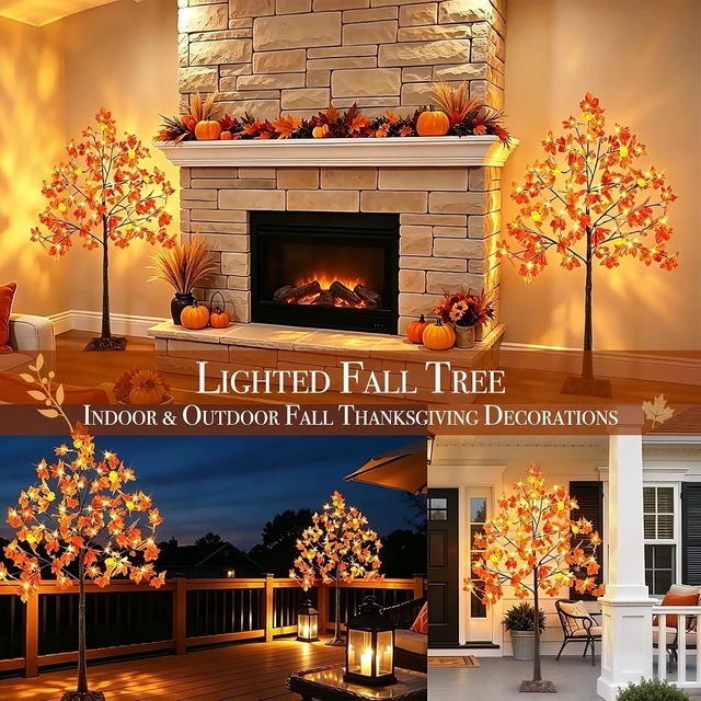 Alt view image 7 of 7 - 2 Pack 4Ft Prelit Lighted Fall Maple Tree 96 LED with Pumpkin Lights Acorns