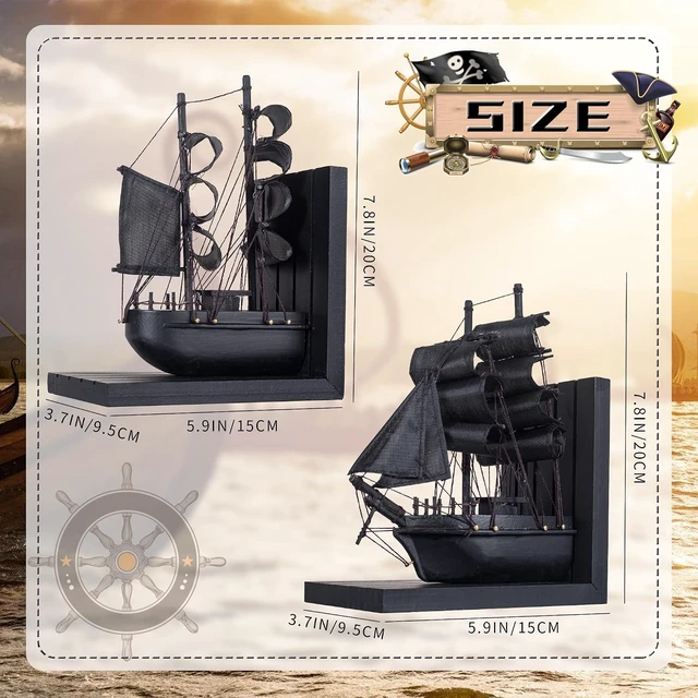 Alt view image 2 of 7 - Wooden Ship bookends The Black Pearl Pirate 10" Prebuilt Caribbean Coastal Sailboat Decor Nautical Gift for Enthusiasts