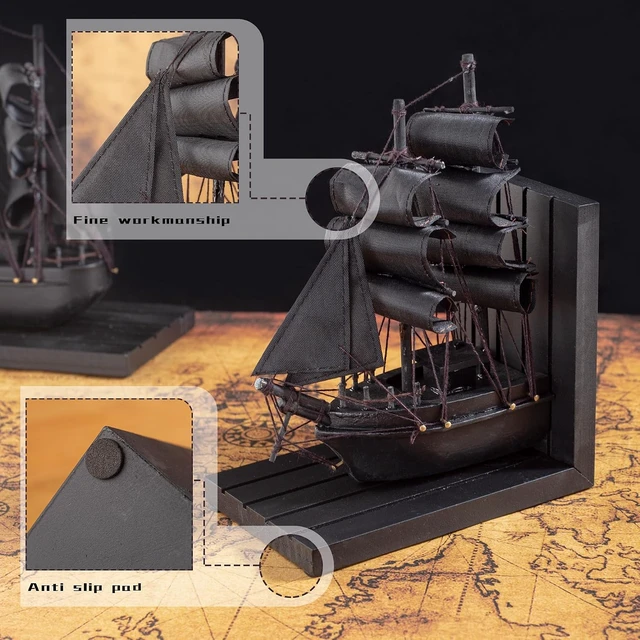 Alt view image 3 of 7 - Wooden Ship bookends The Black Pearl Pirate 10" Prebuilt Caribbean Coastal Sailboat Decor Nautical Gift for Enthusiasts