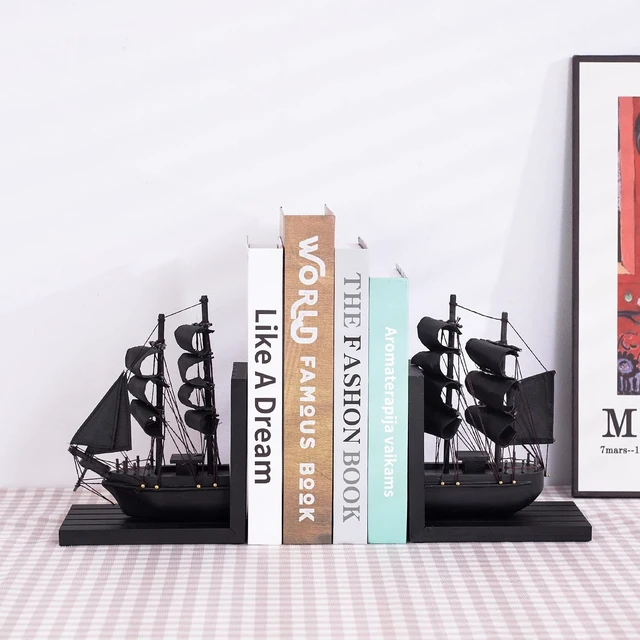 Alt view image 4 of 7 - Wooden Ship bookends The Black Pearl Pirate 10" Prebuilt Caribbean Coastal Sailboat Decor Nautical Gift for Enthusiasts