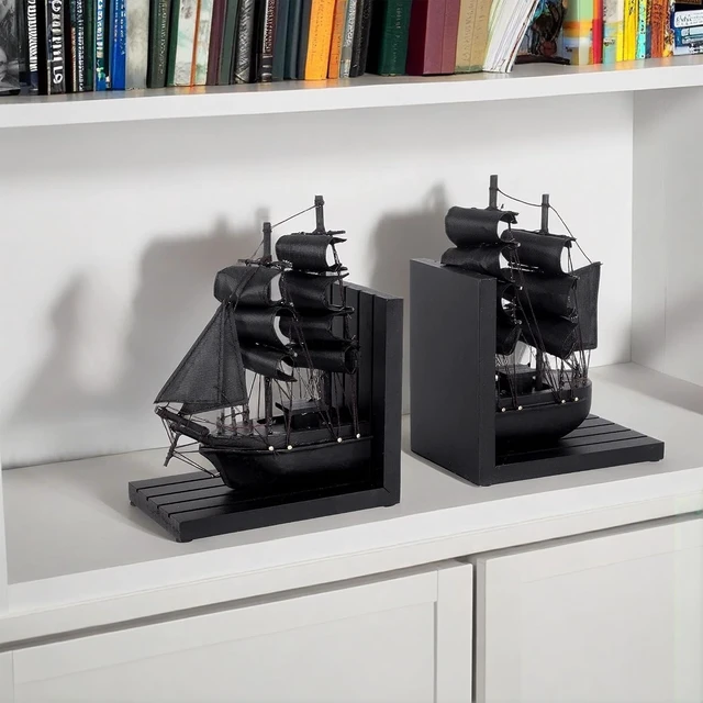 Alt view image 5 of 7 - Wooden Ship bookends The Black Pearl Pirate 10" Prebuilt Caribbean Coastal Sailboat Decor Nautical Gift for Enthusiasts