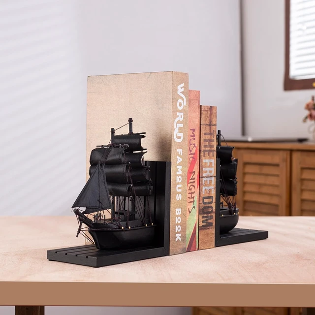 Alt view image 6 of 7 - Wooden Ship bookends The Black Pearl Pirate 10" Prebuilt Caribbean Coastal Sailboat Decor Nautical Gift for Enthusiasts
