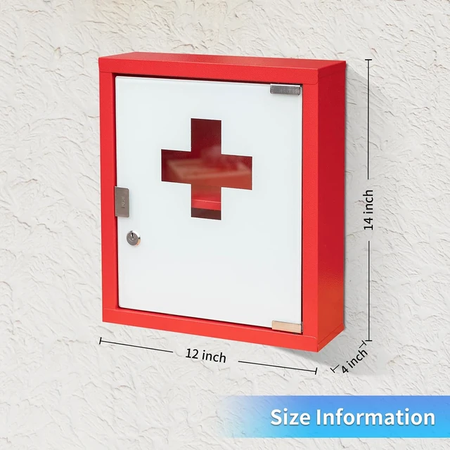 Alt view image 2 of 7 - Wall Mount Locking Medicine Cabinet, Large Steel First Aid Organizer with Glass Door & 2-Tier Shelf, Secure Medication Lock Box for Bathroom Kitchen Closet, 14 x 12 x 4 Inch Red