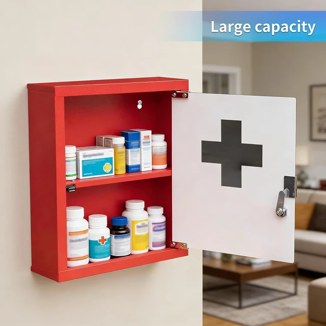 Alt view image 3 of 7 - Wall Mount Locking Medicine Cabinet, Large Steel First Aid Organizer with Glass Door & 2-Tier Shelf, Secure Medication Lock Box for Bathroom Kitchen Closet, 14 x 12 x 4 Inch Red