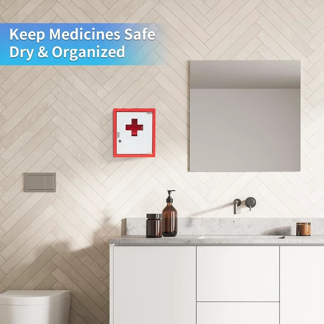 Alt view image 5 of 7 - Wall Mount Locking Medicine Cabinet, Large Steel First Aid Organizer with Glass Door & 2-Tier Shelf, Secure Medication Lock Box for Bathroom Kitchen Closet, 14 x 12 x 4 Inch Red