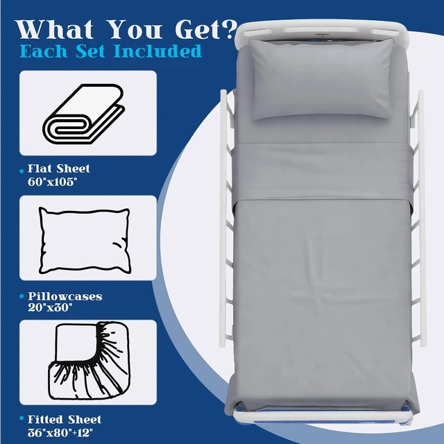 Alt view image 2 of 7 - 6 Piece Hospital Bed Sheet Set, Grey Brushed Microfiber