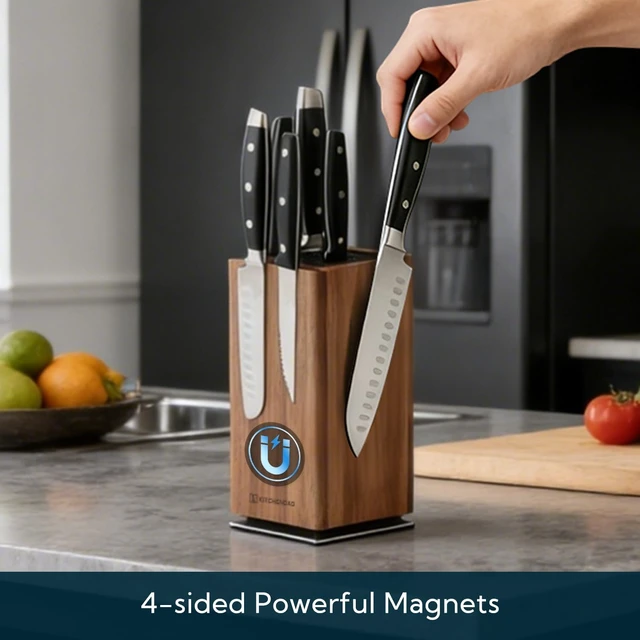 Alt view image 2 of 7 - Magnetic Knife Block without Knives, 360° Rotatable Acacia Wood Knife Holder, Large Knife Storage with Magnet for Knives & Utensils, Kitchen Countertop Organizer