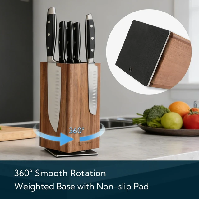 Alt view image 3 of 7 - Magnetic Knife Block without Knives, 360° Rotatable Acacia Wood Knife Holder, Large Knife Storage with Magnet for Knives & Utensils, Kitchen Countertop Organizer