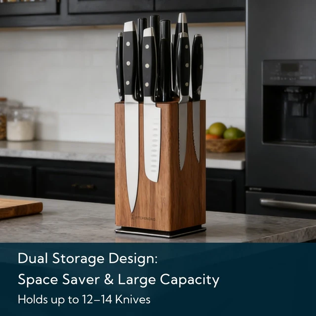 Alt view image 4 of 7 - Magnetic Knife Block without Knives, 360° Rotatable Acacia Wood Knife Holder, Large Knife Storage with Magnet for Knives & Utensils, Kitchen Countertop Organizer
