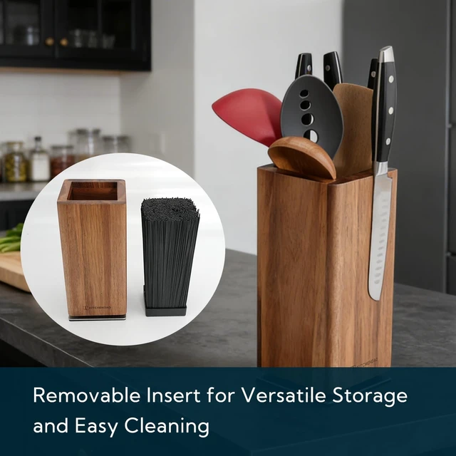 Alt view image 6 of 7 - Magnetic Knife Block without Knives, 360° Rotatable Acacia Wood Knife Holder, Large Knife Storage with Magnet for Knives & Utensils, Kitchen Countertop Organizer