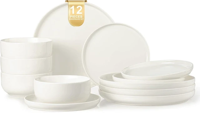 Main image of Plates and Bowls Sets, 12 Pieces Ceramic Dinnerware Set for 4, Stoneware Dishware Dishes Set, Scratch Resistant Dishes Set, Dishwasher & Microwave Safe, White