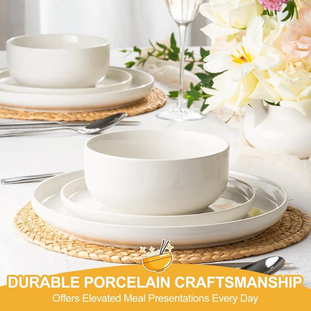 Alt view image 3 of 7 - Plates and Bowls Sets, 12 Pieces Ceramic Dinnerware Set for 4, Stoneware Dishware Dishes Set, Scratch Resistant Dishes Set, Dishwasher & Microwave Safe, White
