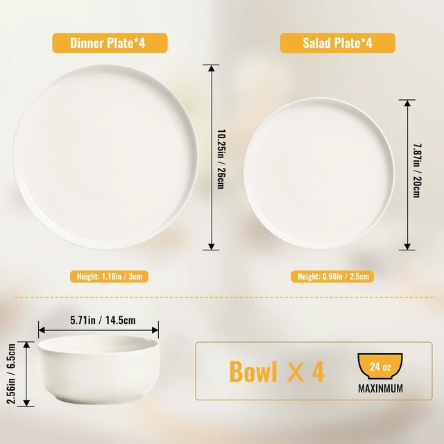 Alt view image 4 of 7 - Plates and Bowls Sets, 12 Pieces Ceramic Dinnerware Set for 4, Stoneware Dishware Dishes Set, Scratch Resistant Dishes Set, Dishwasher & Microwave Safe, White