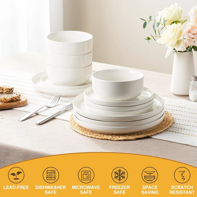 Alt view image 7 of 7 - Plates and Bowls Sets, 12 Pieces Ceramic Dinnerware Set for 4, Stoneware Dishware Dishes Set, Scratch Resistant Dishes Set, Dishwasher & Microwave Safe, White
