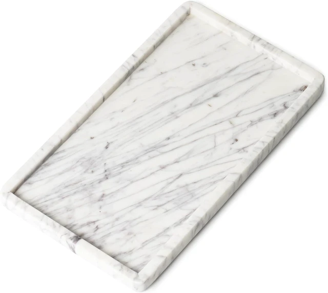 Main image of Marble Tray for Bathroom Vanity, White, Large 13 x 7.5 Inch
