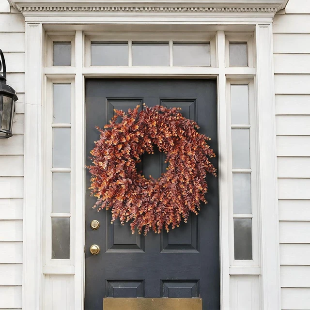 Alt view image 2 of 7 - 24" Lifelike Touch Fake Fall Eucalyptus Wreath for Front Door (Dark Orange)