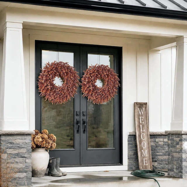 Alt view image 3 of 7 - 24" Lifelike Touch Fake Fall Eucalyptus Wreath for Front Door (Dark Orange)