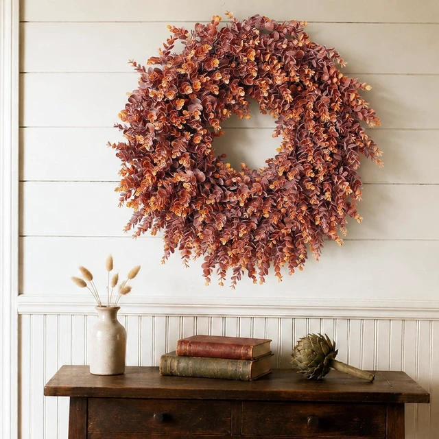 Alt view image 4 of 7 - 24" Lifelike Touch Fake Fall Eucalyptus Wreath for Front Door (Dark Orange)