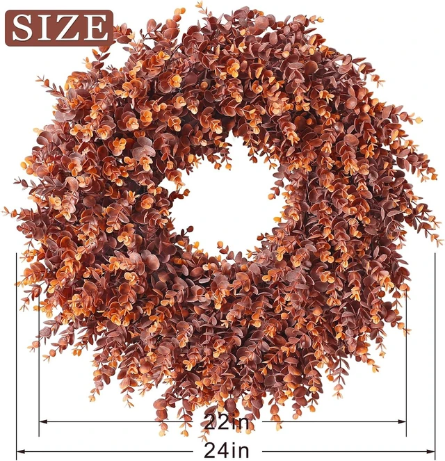 Alt view image 6 of 7 - 24" Lifelike Touch Fake Fall Eucalyptus Wreath for Front Door (Dark Orange)