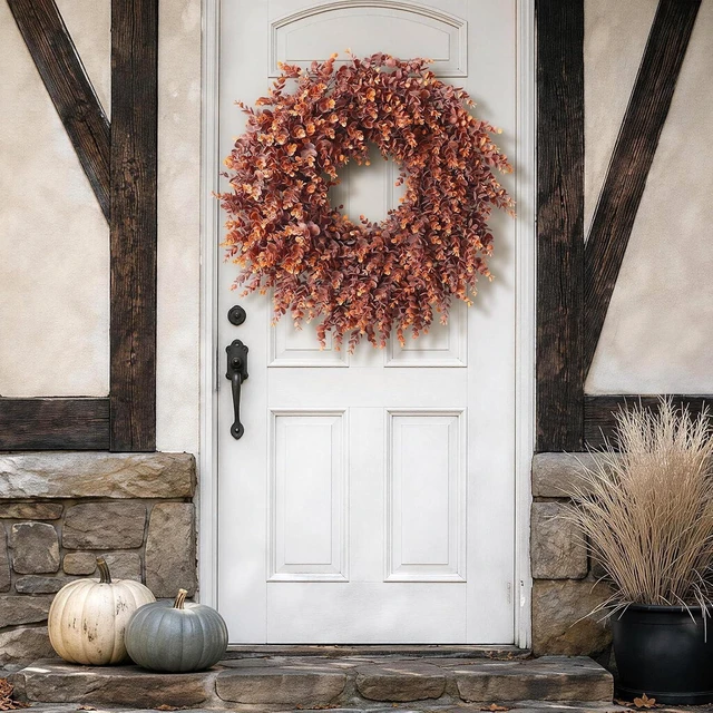 Alt view image 7 of 7 - 24" Lifelike Touch Fake Fall Eucalyptus Wreath for Front Door (Dark Orange)