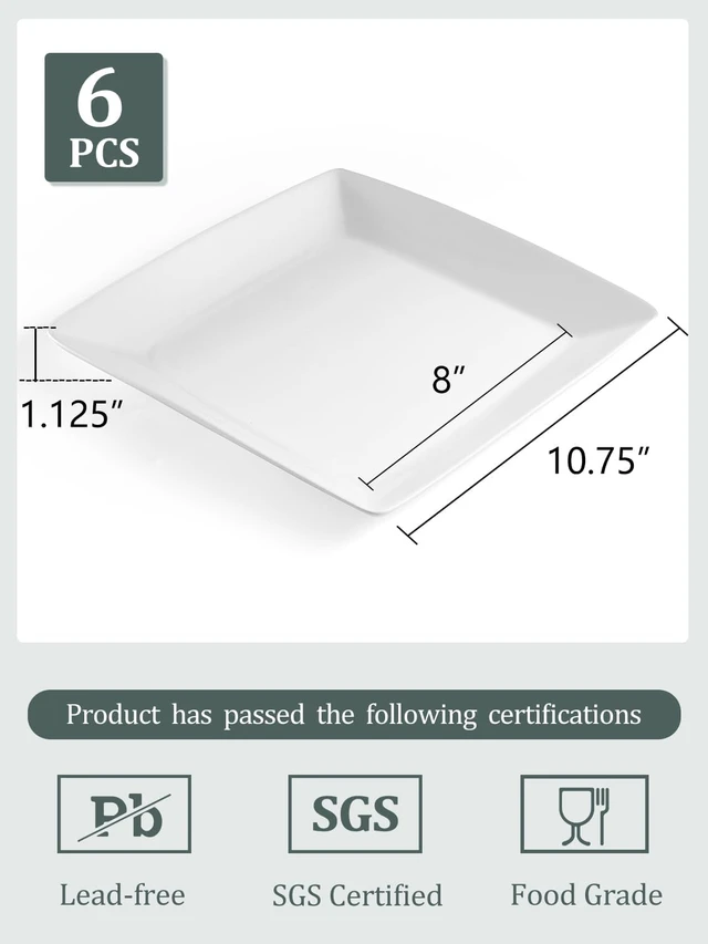Alt view image 2 of 6 - Porcelain Square Dinner Plates, 10.75 Inch Square Serving Plate for Steak, Pasta, Salad, Snacks, Pizza, Appetizer Plates, Set of 6, White