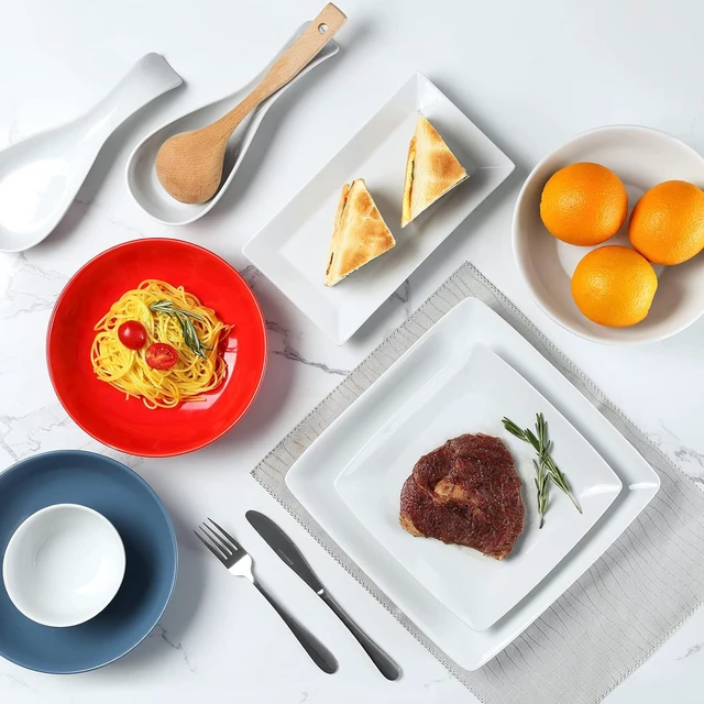 Alt view image 5 of 6 - Porcelain Square Dinner Plates, 10.75 Inch Square Serving Plate for Steak, Pasta, Salad, Snacks, Pizza, Appetizer Plates, Set of 6, White