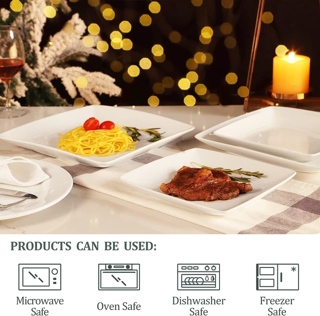 Alt view image 4 of 6 - Porcelain Square Dinner Plates, 10.75 Inch Square Serving Plate for Steak, Pasta, Salad, Snacks, Pizza, Appetizer Plates, Set of 6, White