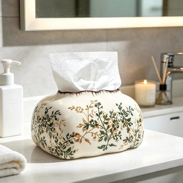 Alt view image 2 of 7 - Ceramic Tissue Holder Vintage with Floral Pattern Decorative