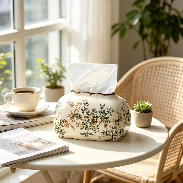 Alt view image 4 of 7 - Ceramic Tissue Holder Vintage with Floral Pattern Decorative