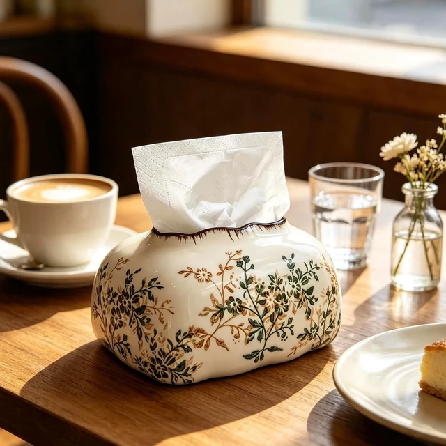 Alt view image 5 of 7 - Ceramic Tissue Holder Vintage with Floral Pattern Decorative
