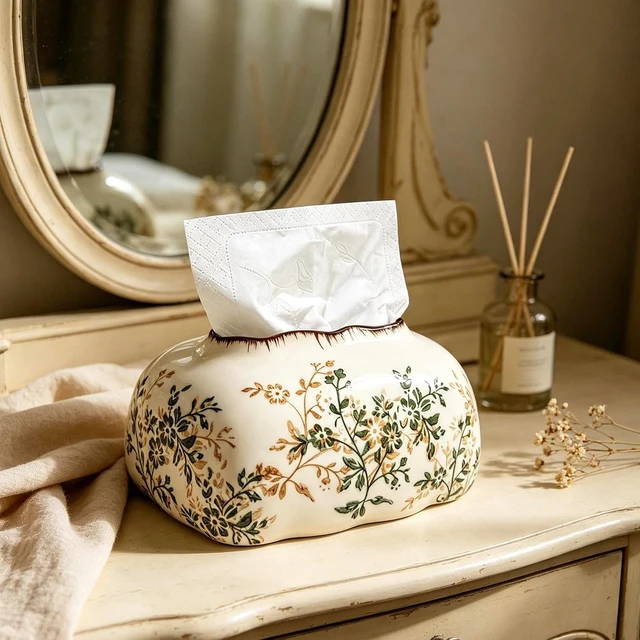 Alt view image 6 of 7 - Ceramic Tissue Holder Vintage with Floral Pattern Decorative