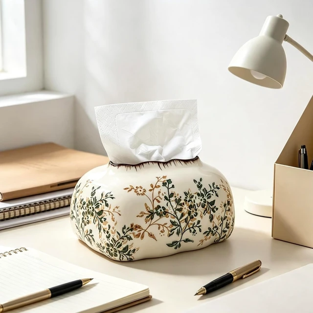 Alt view image 7 of 7 - Ceramic Tissue Holder Vintage with Floral Pattern Decorative