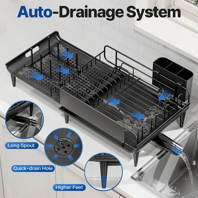 Alt view image 7 of 7 - Expandable Dish Drying Rack for Kitchen Counter with Drainboard