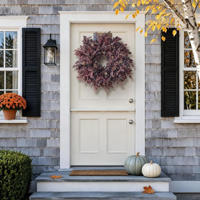 Alt view image 2 of 7 - 26" Artificial Cimicifuga Fall Wreath for Halloween Front Door(Dark Purple)