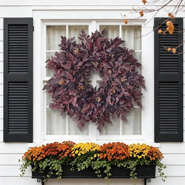 Alt view image 4 of 7 - 26" Artificial Cimicifuga Fall Wreath for Halloween Front Door(Dark Purple)