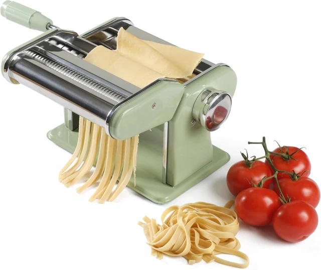 Main image of Kitchen Essential Va Bene Manual Pasta Maker Machine Noodle Maker w/Rollers & Cutters - Spaghetti, Fettuccini, Lasagna or Dumpling Skin - Stainless Steel/Juniper Green