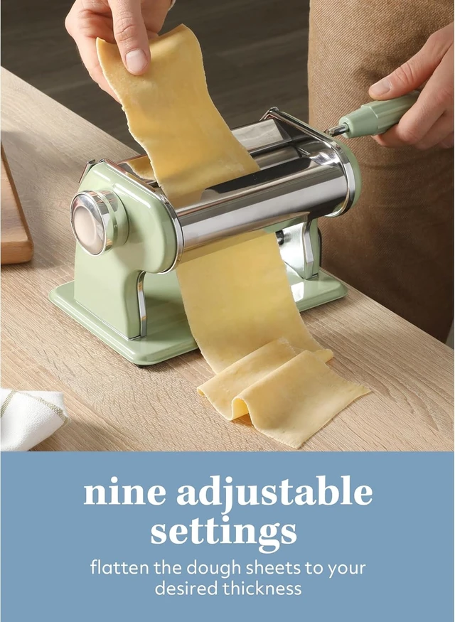 Alt view image 3 of 7 - Kitchen Essential Va Bene Manual Pasta Maker Machine Noodle Maker w/Rollers & Cutters - Spaghetti, Fettuccini, Lasagna or Dumpling Skin - Stainless Steel/Juniper Green