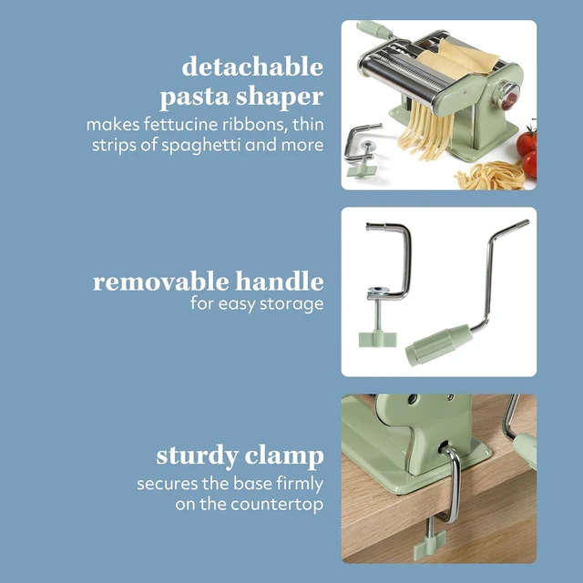 Alt view image 4 of 7 - Kitchen Essential Va Bene Manual Pasta Maker Machine Noodle Maker w/Rollers & Cutters - Spaghetti, Fettuccini, Lasagna or Dumpling Skin - Stainless Steel/Juniper Green