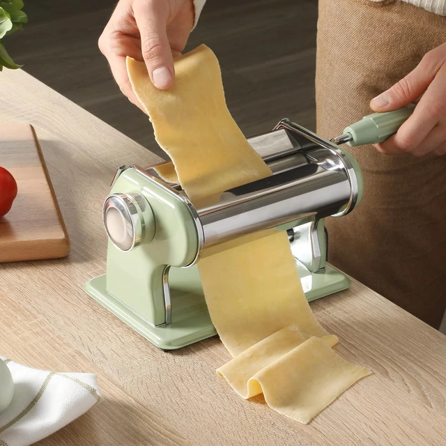 Alt view image 5 of 7 - Kitchen Essential Va Bene Manual Pasta Maker Machine Noodle Maker w/Rollers & Cutters - Spaghetti, Fettuccini, Lasagna or Dumpling Skin - Stainless Steel/Juniper Green