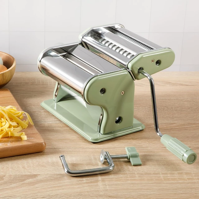 Alt view image 6 of 7 - Kitchen Essential Va Bene Manual Pasta Maker Machine Noodle Maker w/Rollers & Cutters - Spaghetti, Fettuccini, Lasagna or Dumpling Skin - Stainless Steel/Juniper Green