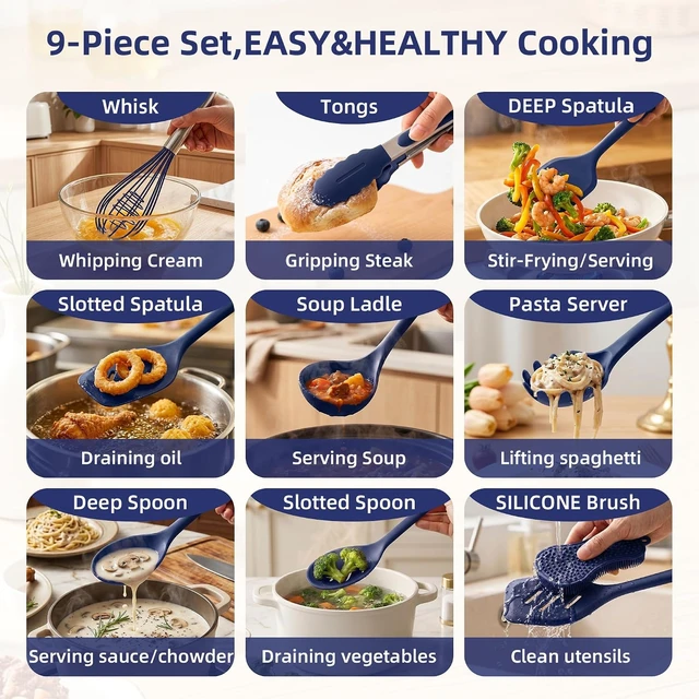 Alt view image 2 of 7 - Kitchen Utensils Set,9 PCS Silicone Cooking Utensils Set Spatula Set,Tongs,Spoon,Whisk,Brush,Dishwasher Safe Kitchen Gadgets for Non-Stick Cookware,Home EssentialKitchen Appliances(Navy Blue)