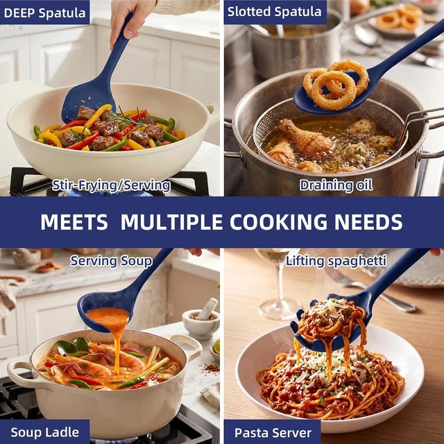 Alt view image 3 of 7 - Kitchen Utensils Set,9 PCS Silicone Cooking Utensils Set Spatula Set,Tongs,Spoon,Whisk,Brush,Dishwasher Safe Kitchen Gadgets for Non-Stick Cookware,Home EssentialKitchen Appliances(Navy Blue)