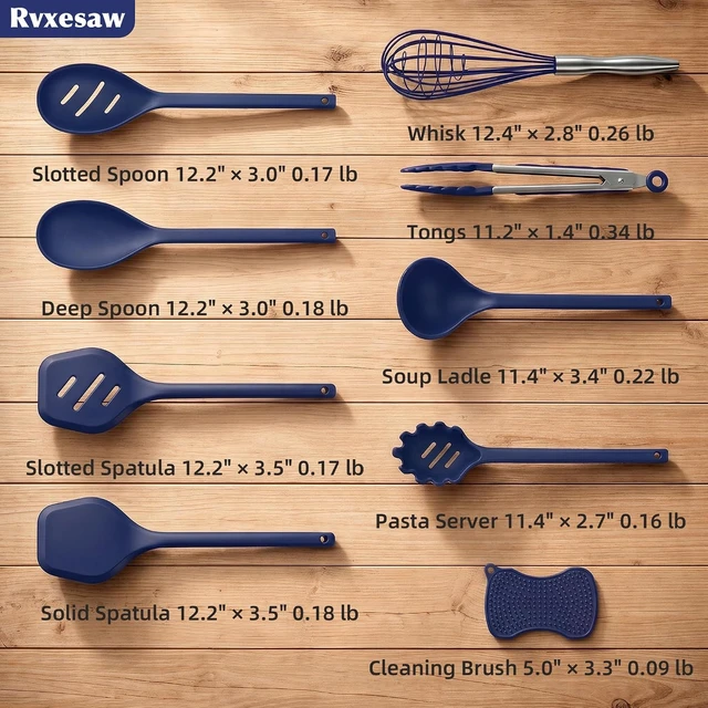 Alt view image 4 of 7 - Kitchen Utensils Set,9 PCS Silicone Cooking Utensils Set Spatula Set,Tongs,Spoon,Whisk,Brush,Dishwasher Safe Kitchen Gadgets for Non-Stick Cookware,Home EssentialKitchen Appliances(Navy Blue)