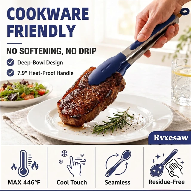 Alt view image 6 of 7 - Kitchen Utensils Set,9 PCS Silicone Cooking Utensils Set Spatula Set,Tongs,Spoon,Whisk,Brush,Dishwasher Safe Kitchen Gadgets for Non-Stick Cookware,Home EssentialKitchen Appliances(Navy Blue)