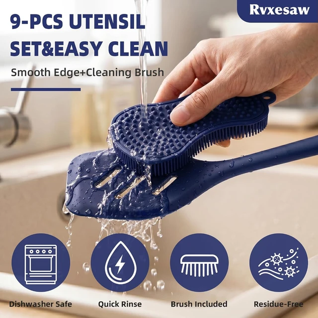 Alt view image 7 of 7 - Kitchen Utensils Set,9 PCS Silicone Cooking Utensils Set Spatula Set,Tongs,Spoon,Whisk,Brush,Dishwasher Safe Kitchen Gadgets for Non-Stick Cookware,Home EssentialKitchen Appliances(Navy Blue)