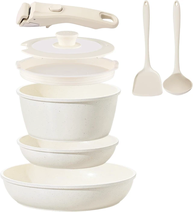 Main image of Ceramic Cookware Set Non Stick 8Pcs Pots and Pans Set Detachable Handle Induction Kitchen Cooking Set with Frying Pans Oven Dishwasher Safe, PFAS/PFOA Free, Cream White
