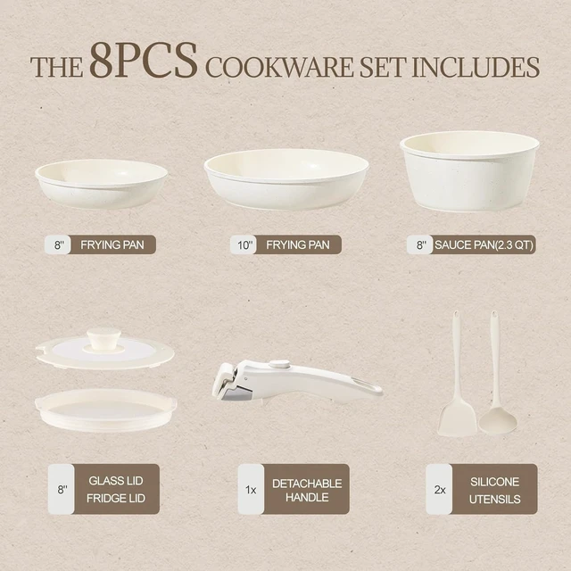 Alt view image 2 of 7 - Ceramic Cookware Set Non Stick 8Pcs Pots and Pans Set Detachable Handle Induction Kitchen Cooking Set with Frying Pans Oven Dishwasher Safe, PFAS/PFOA Free, Cream White