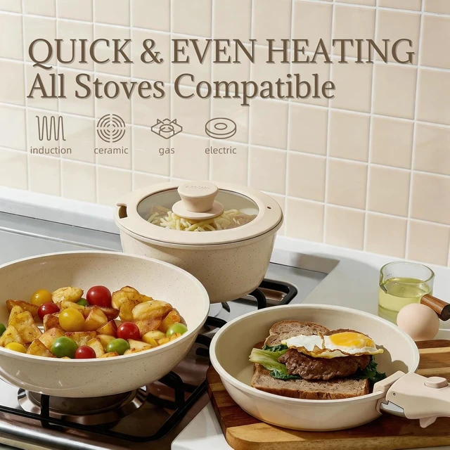 Alt view image 5 of 7 - Ceramic Cookware Set Non Stick 8Pcs Pots and Pans Set Detachable Handle Induction Kitchen Cooking Set with Frying Pans Oven Dishwasher Safe, PFAS/PFOA Free, Cream White