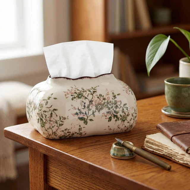 Alt view image 3 of 7 - Vintage Ceramic Tissue Holder Tissue Box Cover,Blossoms