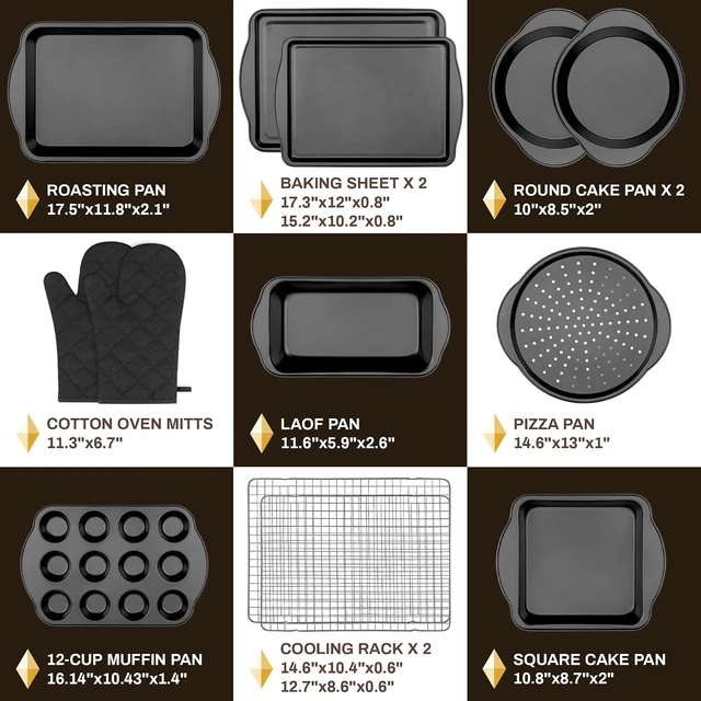 Alt view image 3 of 7 - 13 PCS Nonstick Bakeware Set - Carbon Steel Baking Pans Set with Dual Handles, Includes Roasting Pan, Pizza Pan, Cookie Sheet, Cake Pans, Muffin Pans, Cooling Rack, Oven Mitts, Non-Toxic